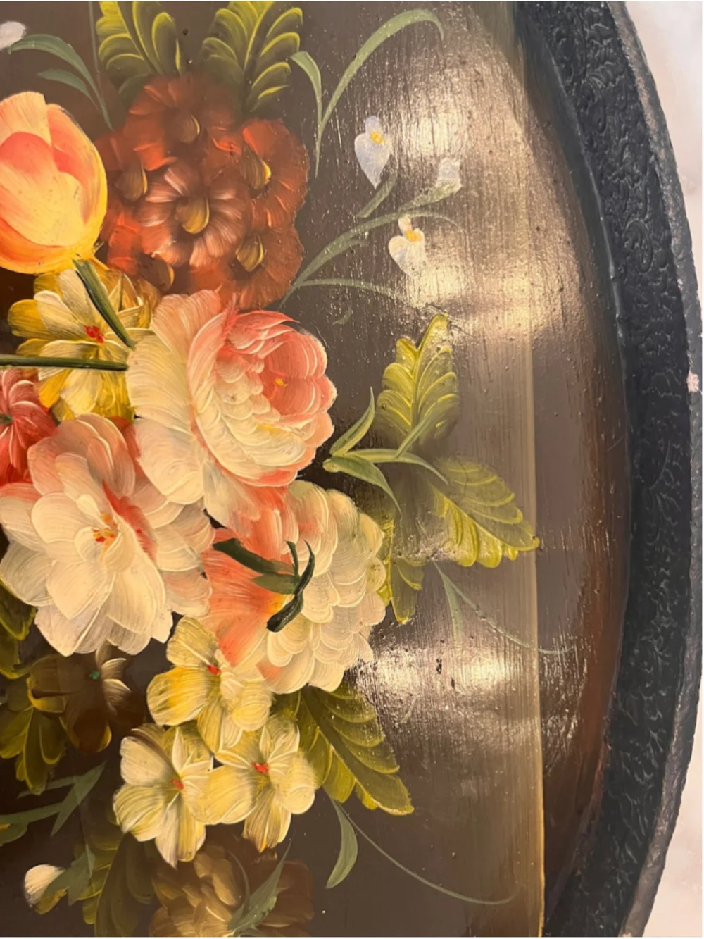 Vintage Hand Painted Wooden Floral Serving Tray Oval Black Toleware Style